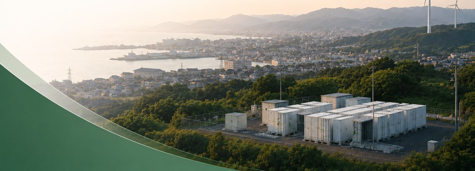 Grid-scale battery storage overlooking a Japanese coastal city