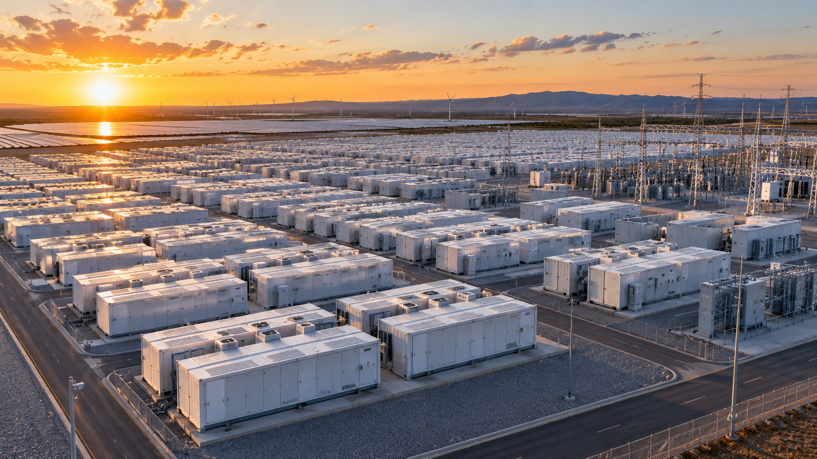 Grid-scale battery storage at sunset