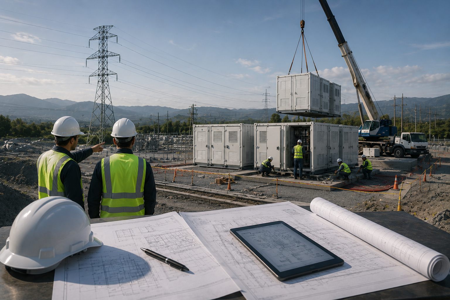 Engineers on a battery-storage construction site