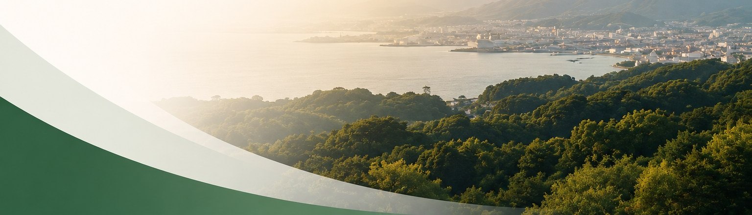 Japanese coastline and forested hills at sunrise