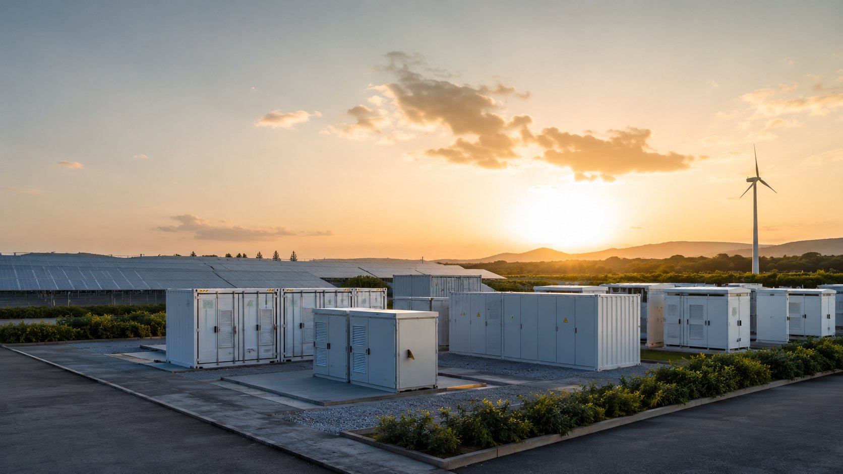 Grid-scale battery storage with solar and wind at sunset